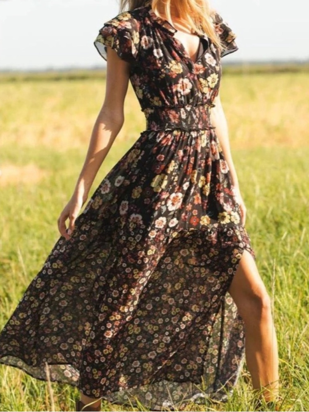 lovestitch Black Floral Maxi Dress with Flutter Sleeves